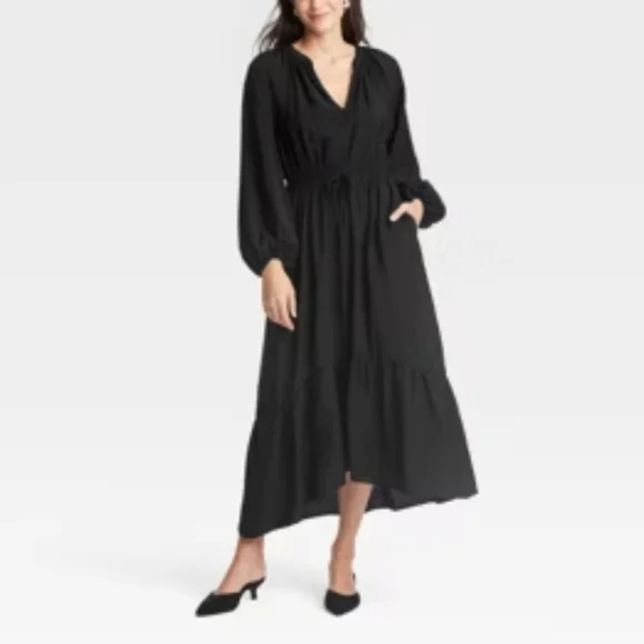 chinese dress ladies Black Balloon Sleeve Adina Midi Dress